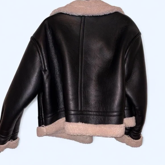 Black Shearling-Lined Leather Jacket with Cream Sherpa Trim - Picture 12 of 12